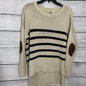 Alya Beige & Black Striped Knit Sweater With Elbow Patches Size L